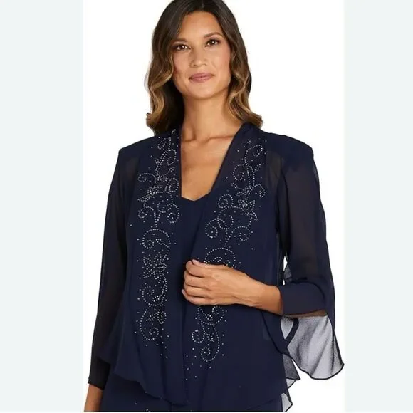 NWT R&M Richards Chiffon Beaded Jacket, midnight blue Size 18 - Picture 1 of 11